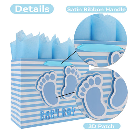 13” Large Baby Boy Gift Bag Set with Handles, Greeting Card, Blue Tissue Papers and Stickers for Boys Kids for Baby Shower, Boys' Birthday Party, Newborn, New Moms, Little One, 1st Baby, 3D Footprints Design, 1 Pcs