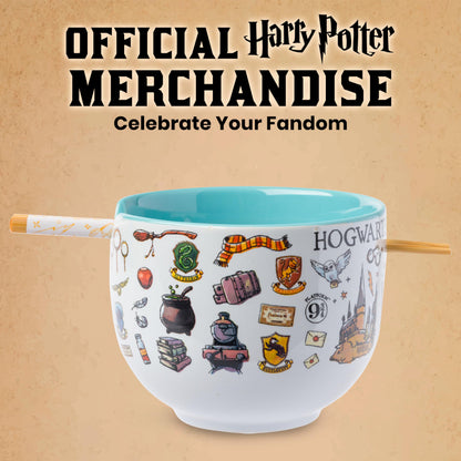 Silver Buffalo Harry Potter Icons Ceramic Ramen Noodle Rice Bowl with Chopsticks, Microwave Safe, 20 Ounces