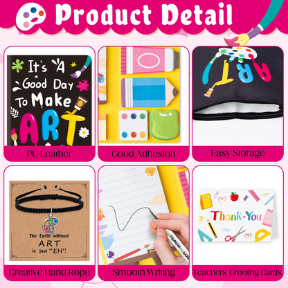 B1ykin Teacher Appreciation Gifts Set - 6pcs Best Teacher Ever Thank You Gifts with PU Notebook, Sticky Notes, Makeup Bag, Bracelet, Pen, Thank You Card for Coworkers Teachers (Art)