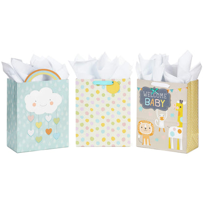 Hallmark 13" Large Gift Bags for Baby Shower Assortment with Tissue Paper (Pack of 3, Cloud and Rainbow, Giraffe, Pastel Polka Dots)