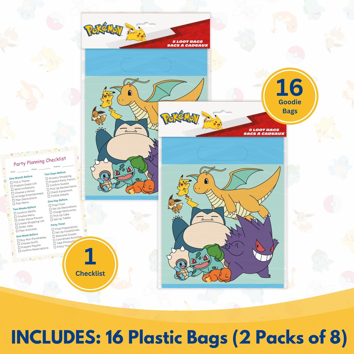 Unique Pokemon Goodie Bags | 16 Count | Plastic Party Favor Bags - Pokemon Birthday Party Decorations and Supplies, includes Checklist | Officially Licensed
