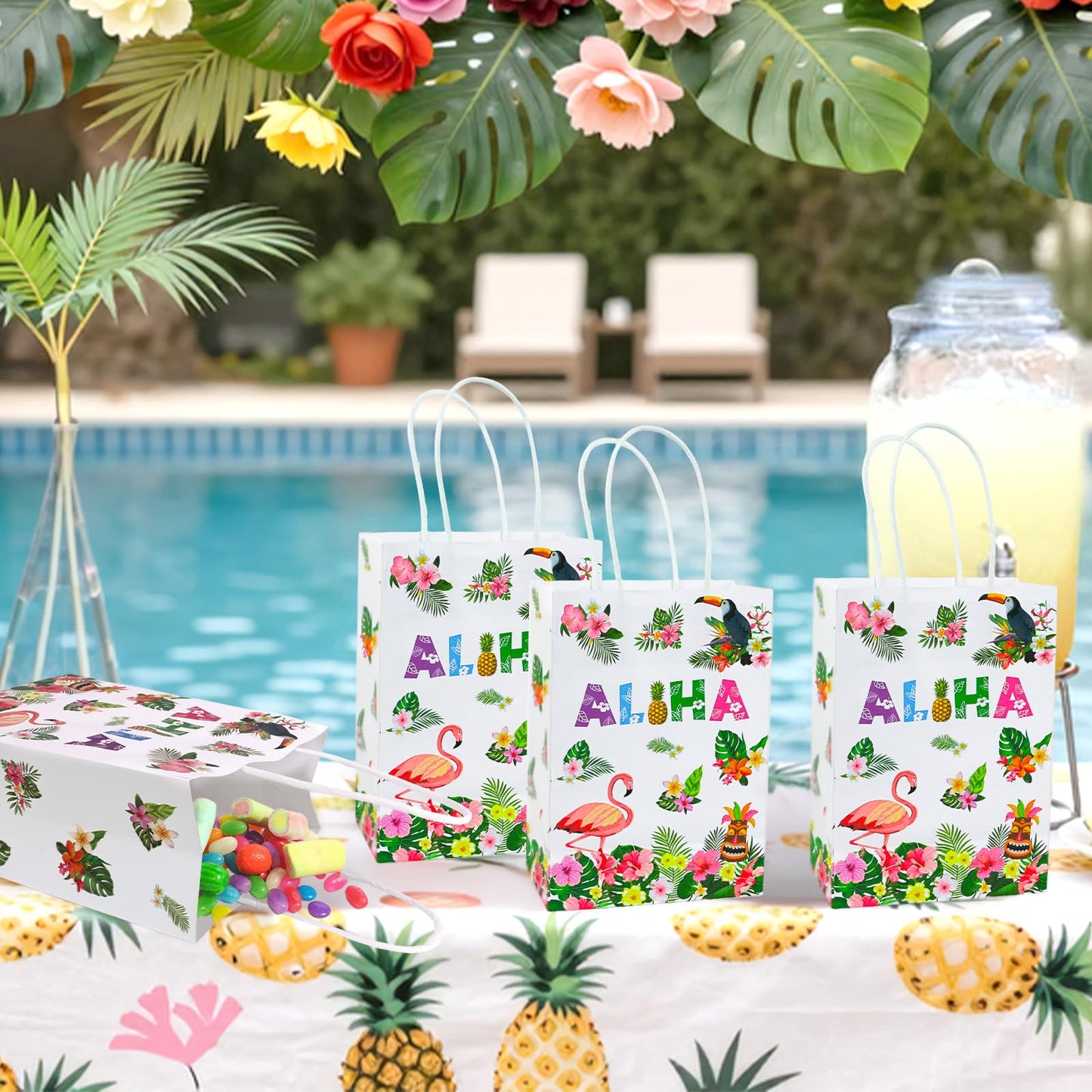 Hxezoc 12 Pieces Hawaiian Gift Bags with Handle, Paper Treat Luau Candy Bag Summer Tropical Palm Leaf Favor Bags for Hawaiian Theme Festival Luau Holiday Party Decoration Supplies