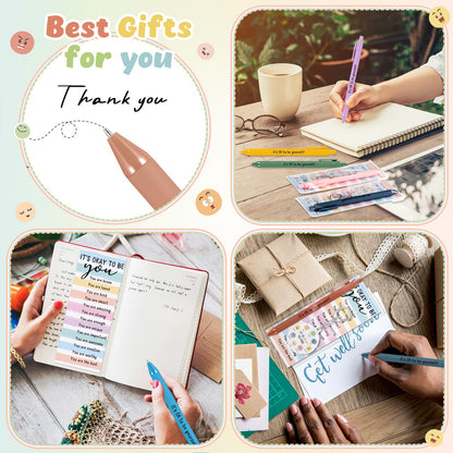 48 Pcs 16 Sets Mental Health Gift Bulk Pastel Inspirational Pens Motivational Funny Emotion Keychains with Positive Cards Employee Appreciation Gifts for Office Staff Coworker Teachers Students