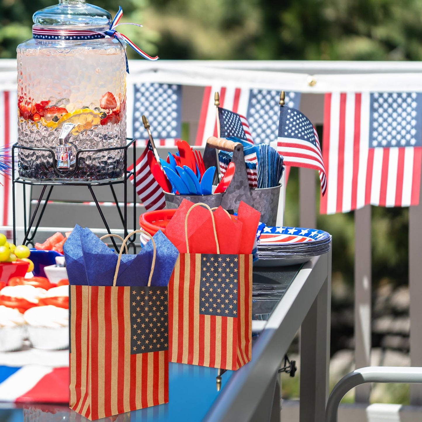 JarThenaAMCS 24 Pcs Patriotic Paper Gift Bags with Tissue Paper Star Gift Tag Rope 4th of July American Flag Kraft Goodie Treat Bag with Handles for Independence Day 250th Anniversary Memorial Day