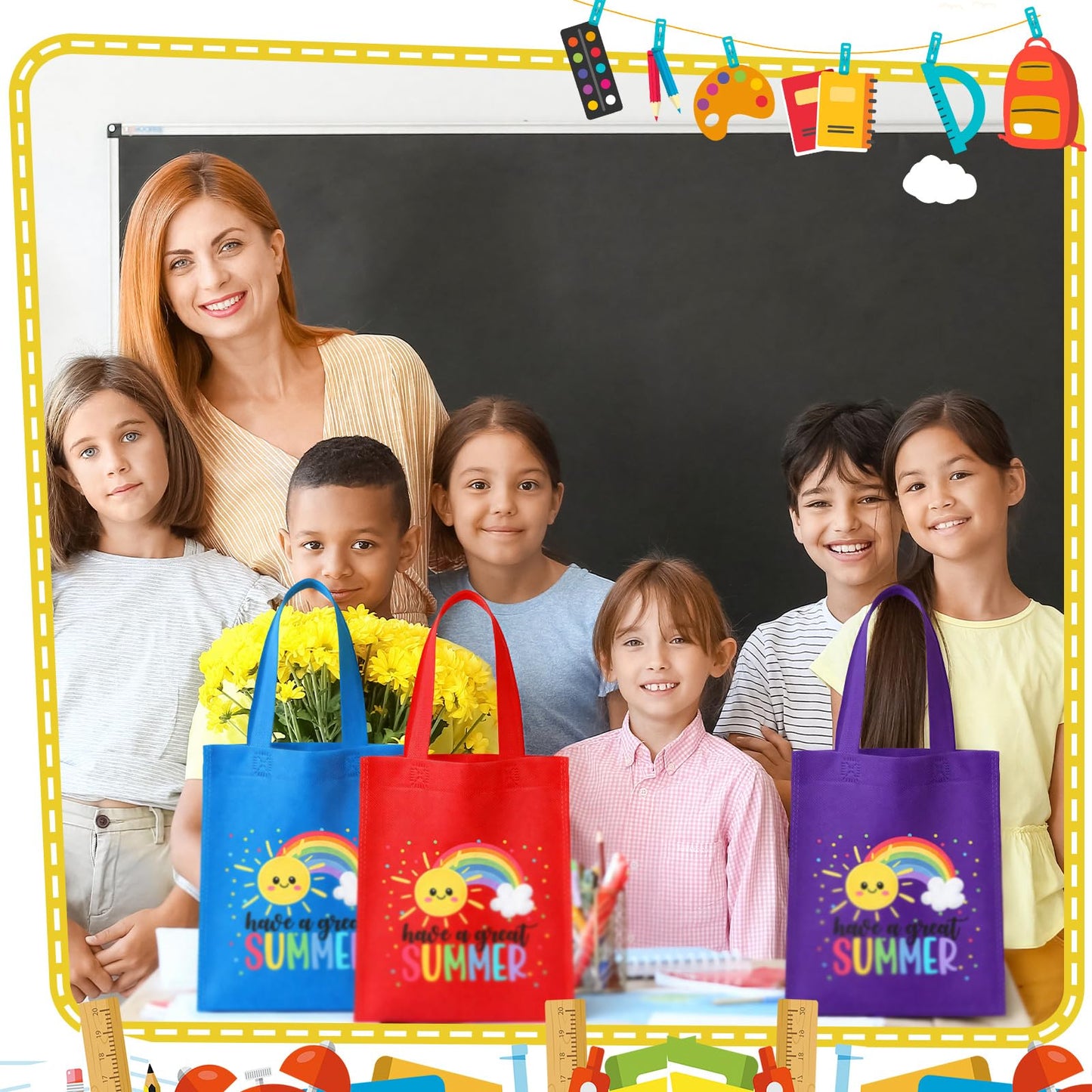 Dansydaisy End of the Year Gift Bags for Students Bulk Rainbow Non Woven Tote Bags Party Favor Bag with Handles for Sunday School Gift Teacher Appreciation Graduation Party Supplies