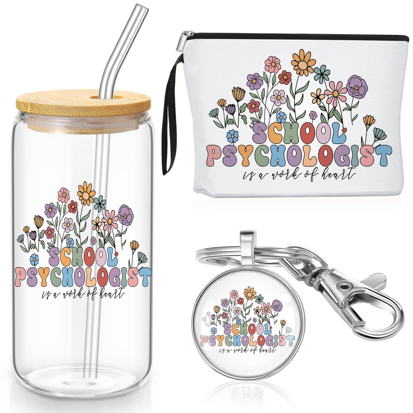 Kacctyen School Psychologist Gift Set for Women, Appreciation Gifts Includes Makeup Bag, 17 oz Glass Cup with Lid and Straw & Keychain, Thank You for School Psychologists