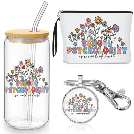 Kacctyen School Psychologist Gift Set for Women, Appreciation Gifts Includes Makeup Bag, 17 oz Glass Cup with Lid and Straw & Keychain, Thank You for School Psychologists