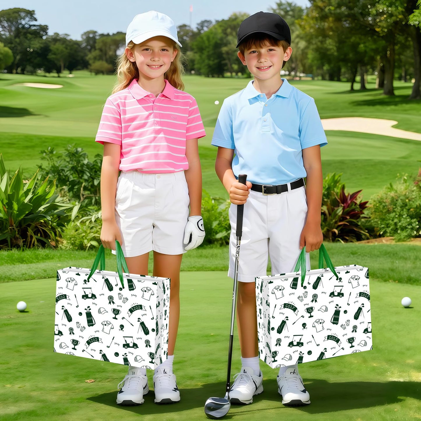 Wayyogh Golf Gift Bag for Boys & Men - Golf Theme Birthday Gift Wrapping Bag with Tissue Paper, Greeting Card, Decorations - Sports Party Favors - Green, 30 x 24 x 13.5cm
