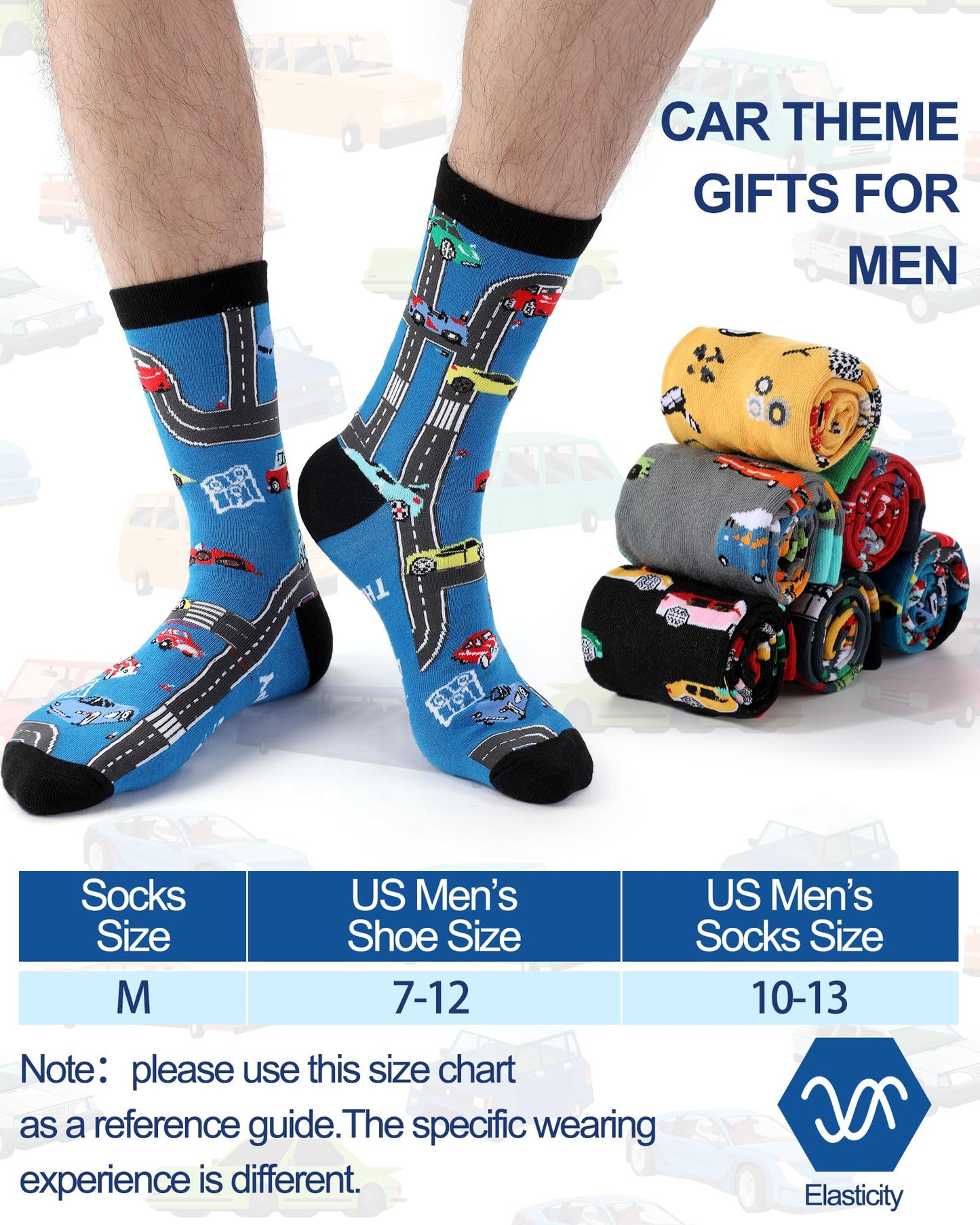 6 Pairs Funny Car Socks for Men Novelty Automotive Cotton Crew Socks for Car Lover Birthday Father's Day Gift