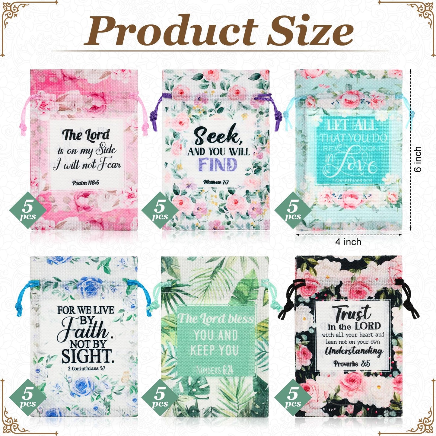 30 Pcs Christian Gift Bags with Drawstring 4 x 6 Inch Floral Religious Candy Bags Gift Bible Verse Wrapping Bag for Women Mother's Day Baptism Christmas Party Favor
