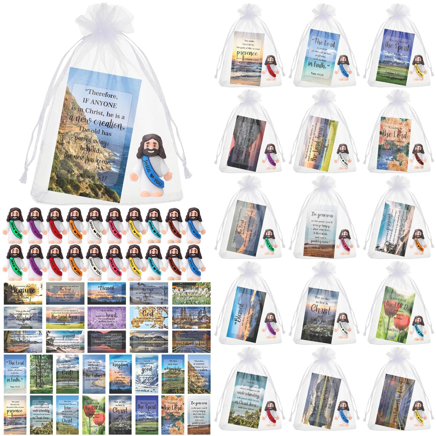 Bememo 50 Sets Christian Gifts Bulk Bible Verse Cards Include Little Jesus Figures Prayer Cards and Organza Bags for Religious Party Favors Sunday Baptism Gifts(Landscape Style,Bright)