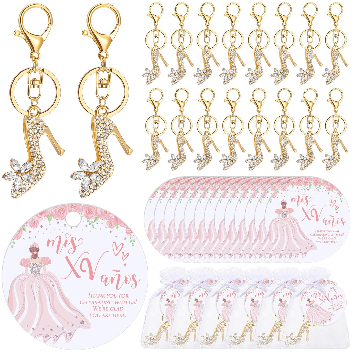 Dunzoom 18 Set Quinceanera Party Favors for Guests Bulk High Heel Shoe Keychains Thank You Cards Small Quinceanera Cards Organza Bags for 15 Birthday Guests Girls Gift Party Favors (Classic Style)