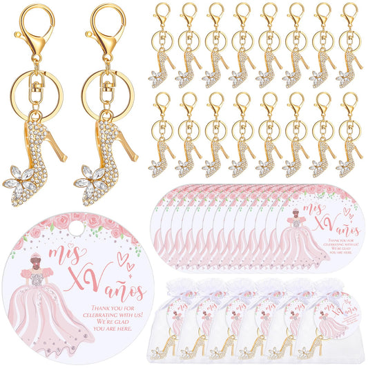 Dunzoom 18 Set Quinceanera Party Favors for Guests Bulk High Heel Shoe Keychains Thank You Cards Small Quinceanera Cards Organza Bags for 15 Birthday Guests Girls Gift Party Favors (Classic Style)