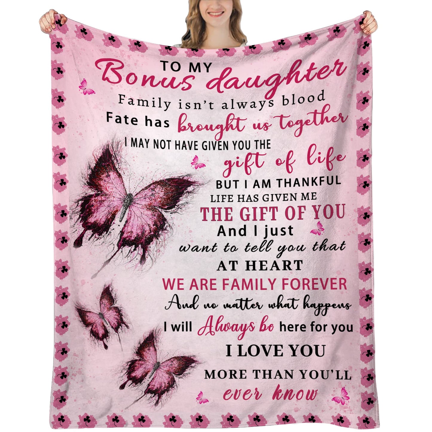 Butterfly Bonus Daughter Blanket - Bonus Daughter Gifts - Step & Unbiological Daughters Gifts from Stepmom Stepdad - Gift for Birthday, Graduation, Christmas, Soft Flannel Throw Blanket, 60"x50"