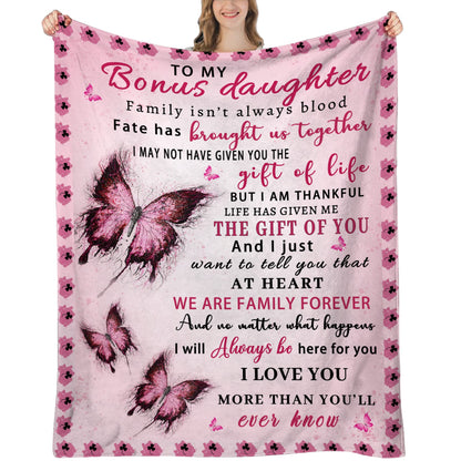 Butterfly Bonus Daughter Blanket - Bonus Daughter Gifts - Step & Unbiological Daughters Gifts from Stepmom Stepdad - Gift for Birthday, Graduation, Christmas, Soft Flannel Throw Blanket, 60"x50"