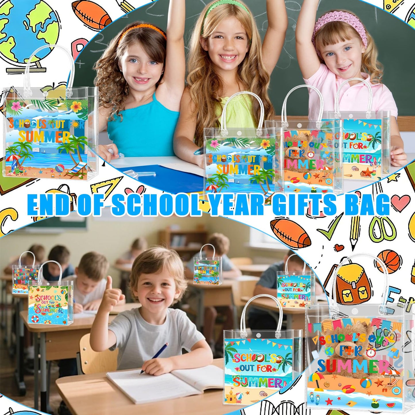 Zenoble 24 Pcs End of the Year Gifts Bags, School's Out for Summer Gift Clear PVC Bags with Handles Party Goodie Candy Treat Bag for Kids Students Teacher Beach Pool Party Favors Supplies