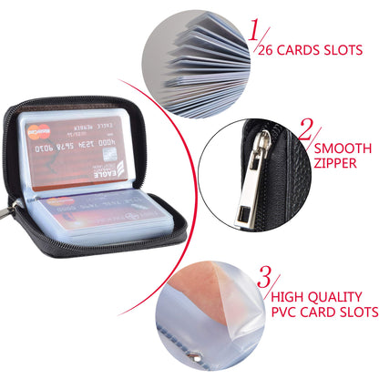 Easyoulife Genuine Leather Credit Card Holder Zipper Wallet With 26 Card Slots