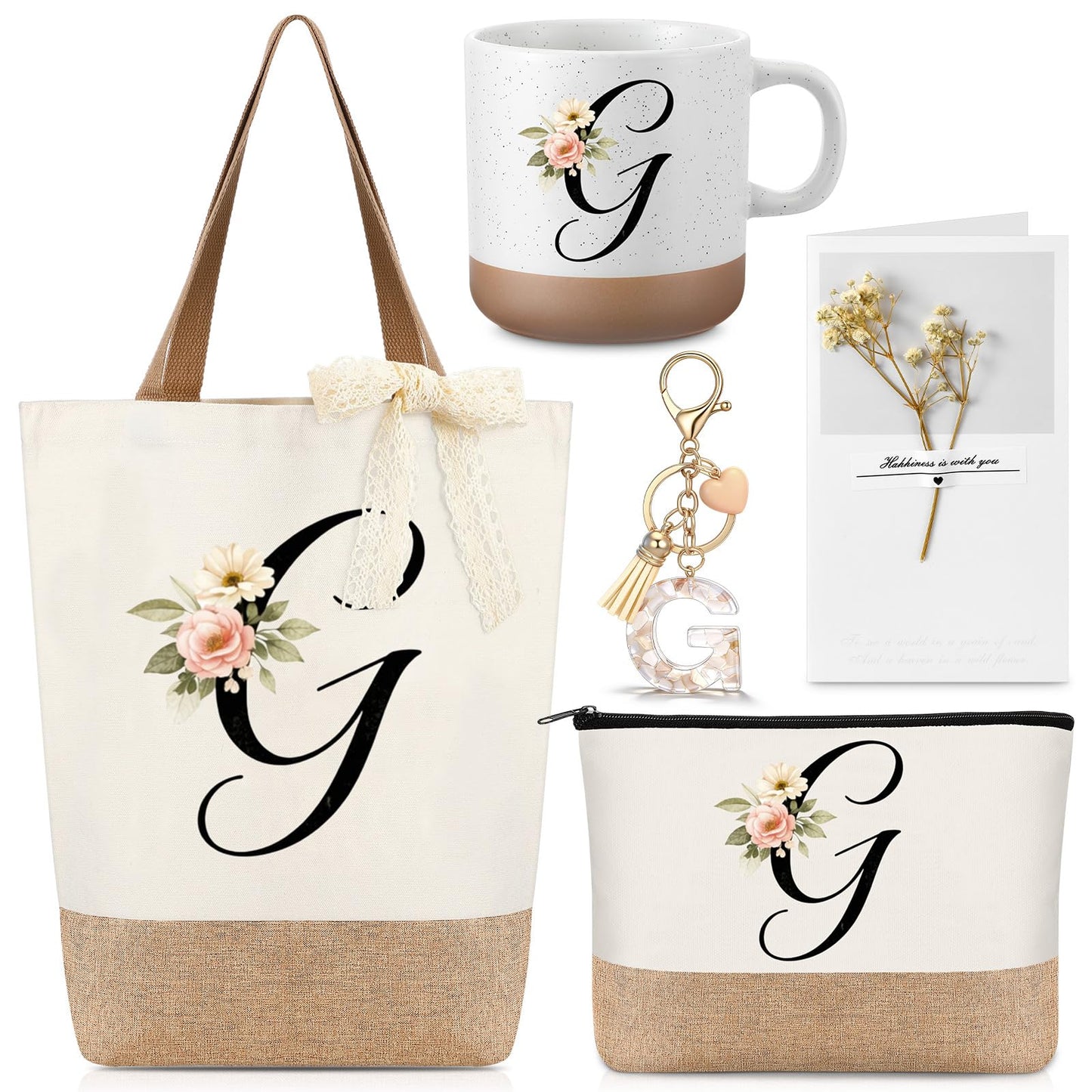 Kacctyen Initial Letter Gifts for Women Initial Letter Jute Tote Bag Makeup Bag Mug Keychain Card Birthday Holiday Gifts(G)