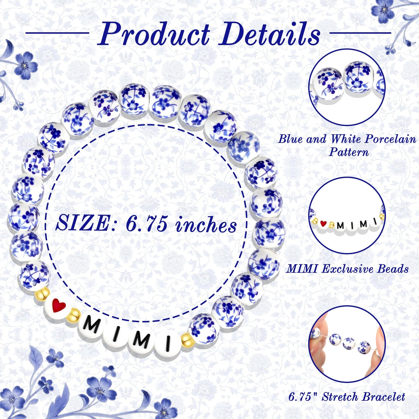 Sereney Mimi/Gigi/Nana/New Mom Gifts, Mimi/Gigi/Nana/New Mom Bracelet as Birthday Gift for Grandmother Great-grandmother Mother-in-law Mama, Bule and White Porcelain Stretch Bead Bracelet for Women