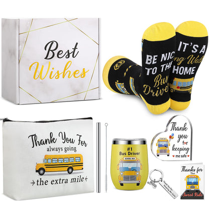 Sliner 7 Pcs Bus Driver Appreciation Gifts for Women Men Stainless Steel Tumbler Keychain Sock Makeup Bag Acrylic Sign Blessing Card Box