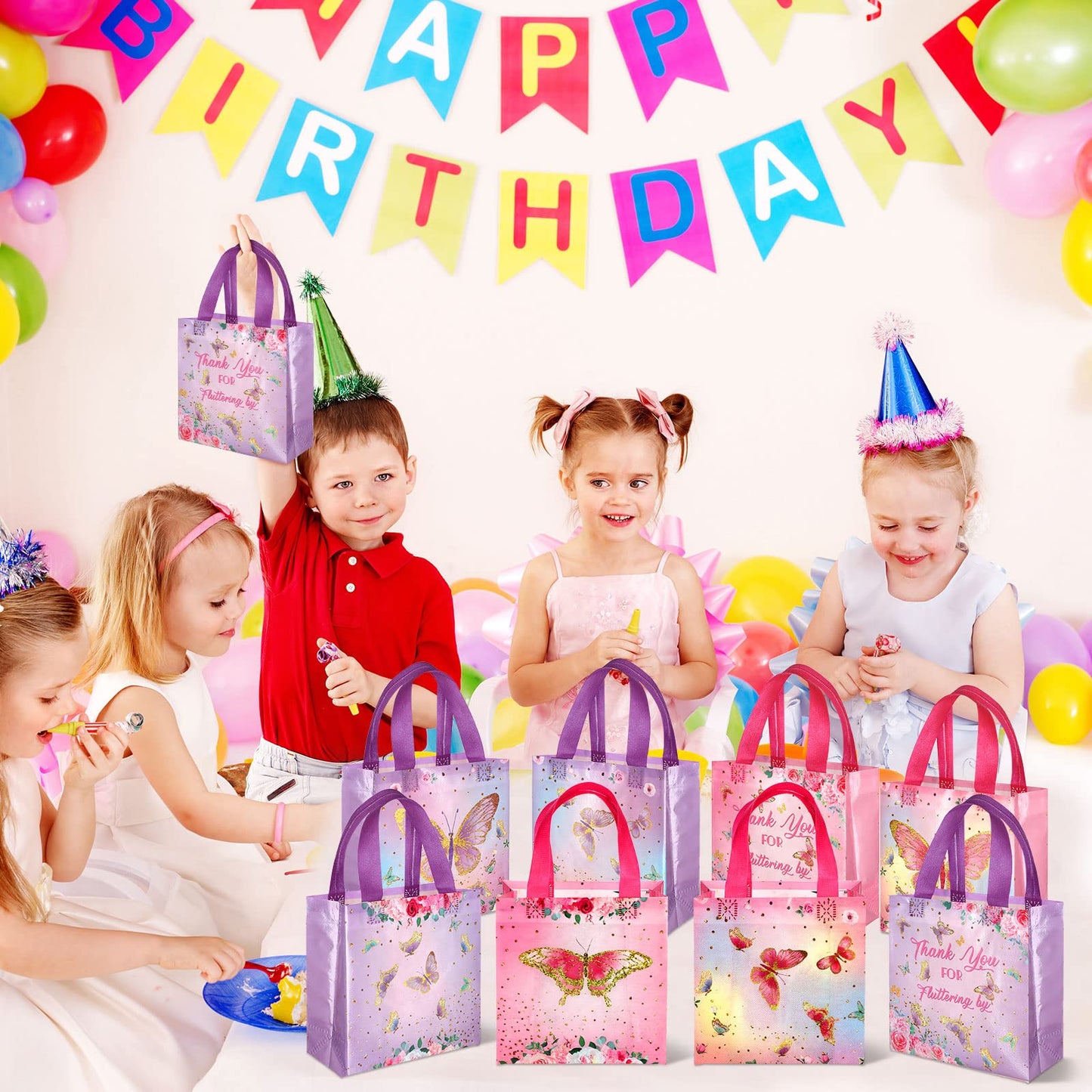 Sweetude 40 Pcs Butterfly Gift Bags Pink and Purple Reusable Totes with Handles Non Woven Butterfly Stylish Candy Bags for Birthday Party
