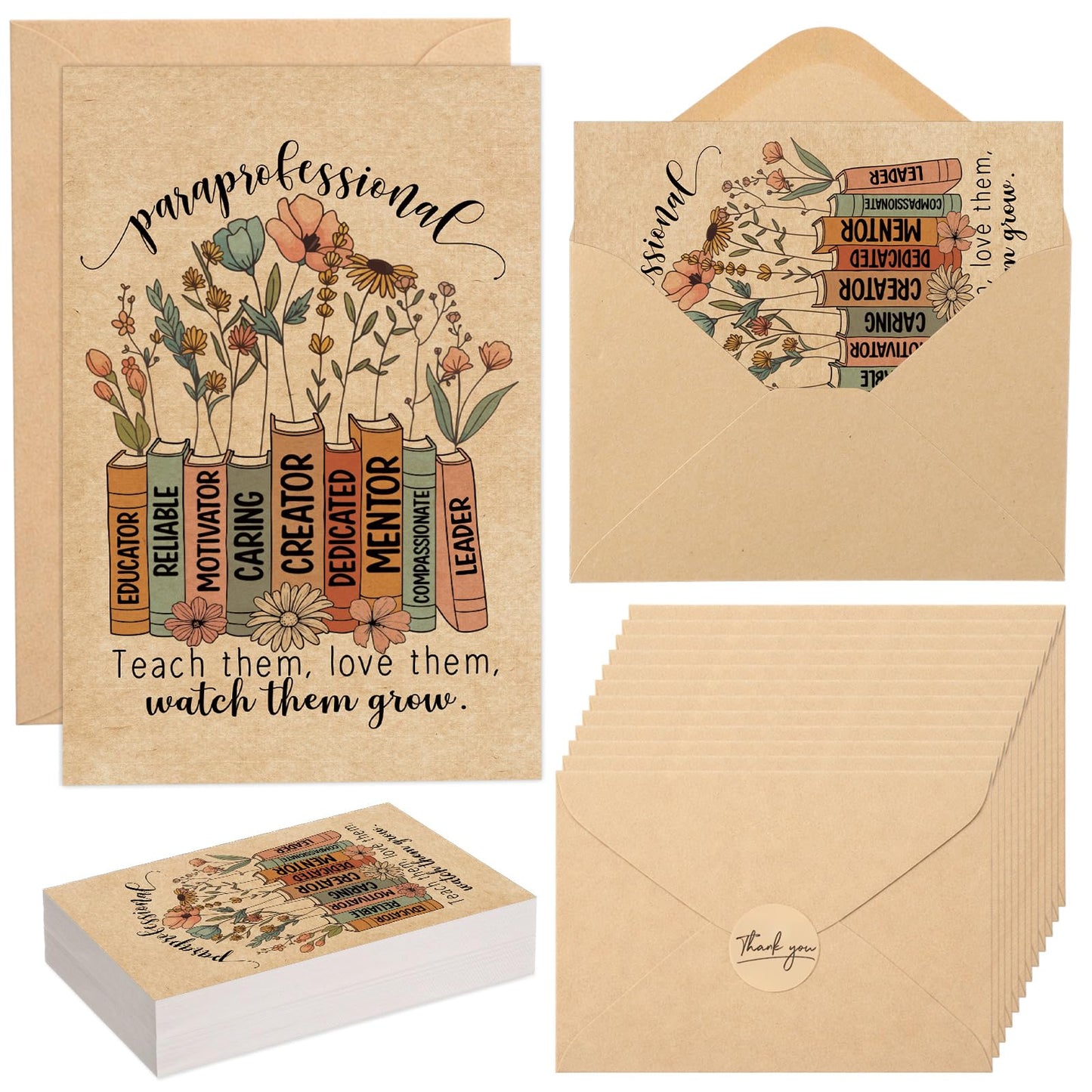 Resurhang 20 Sets End of Year Gifts Paraprofessional Cards Bulk 6x4'' with Envelopes and Thank You Sticker Graduation Teacher Appreciation Gift for Teacher Assistant Paraeducator Aide