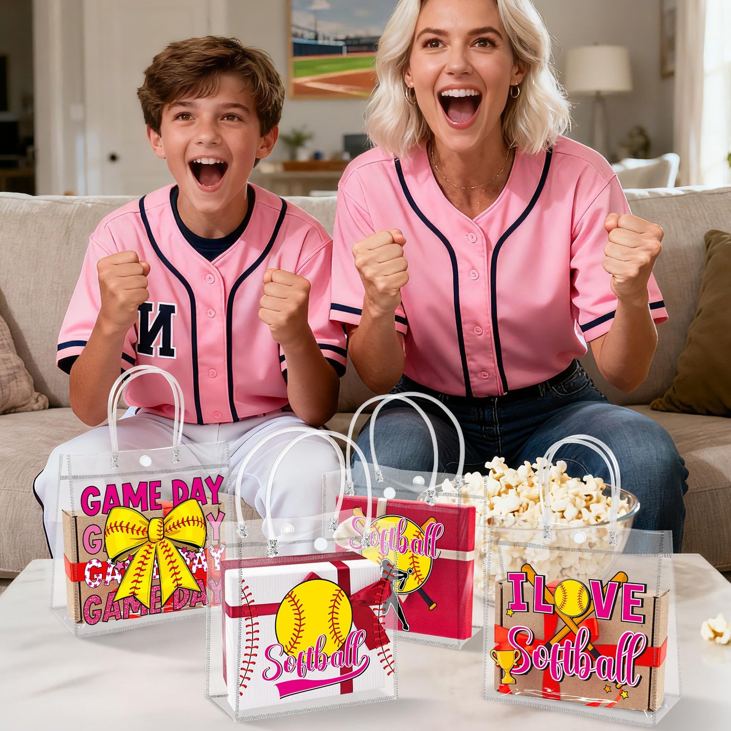 H1vojoxo Softball Goodie Gift Bags - 24PCS Softball Clear PVC Gift Bags for Team Girls with Handle Reusable Sport Party Favors Team Birthday Gifts Bag Treat Snack Bag for Girls End of Season Gifts Bag