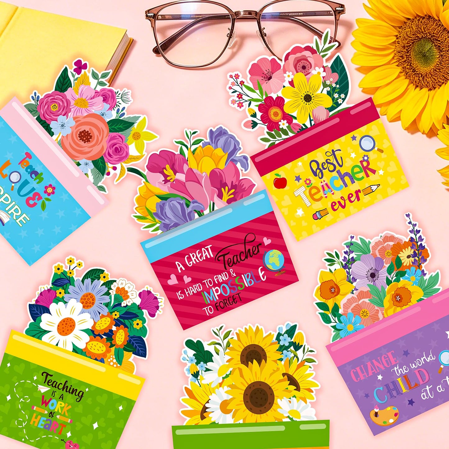 FOIMAS 24 Pack Teacher Appreciation Gift Card Holders Flower Teachers Gift Cards Money Holders Greeting Cards for End of School Year Graduation Teacher Appreciation Gift