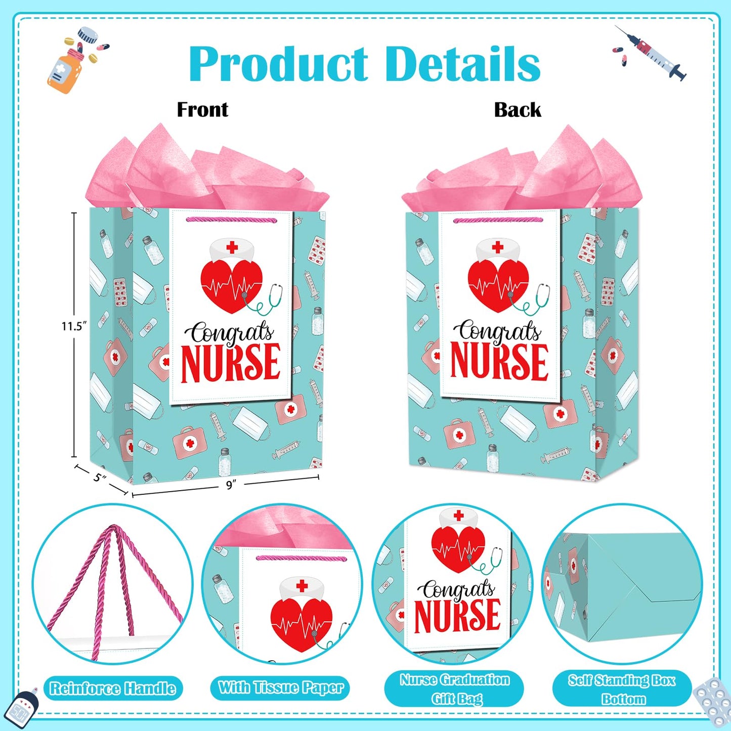 PETCEE Nurse Graduation Gifts Bag - Congrats Nurse Gift Bag with Tissue Paper for Her 11.5" Large Nursing School Graduation Gifts for Grads Medical School Graduates Social Worker Party Supplies