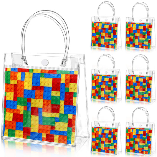 Teenyyou 24 Pcs Building Blocks Party Favors Bags Color Bricks PVC Clear Goodie Candy Treat Tote Gift Bags with Handles Building Blocks Theme Birthday Baby Shower Party Supplies