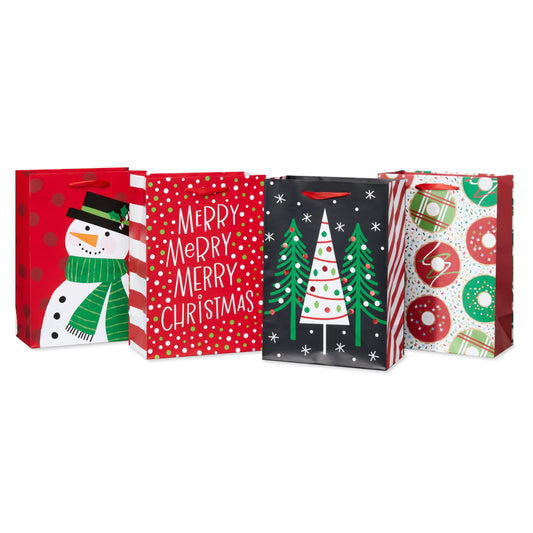 American Greetings 10" Medium Christmas Gift Bags, Red, White, Green and Black Winter Designs (4 Bags)