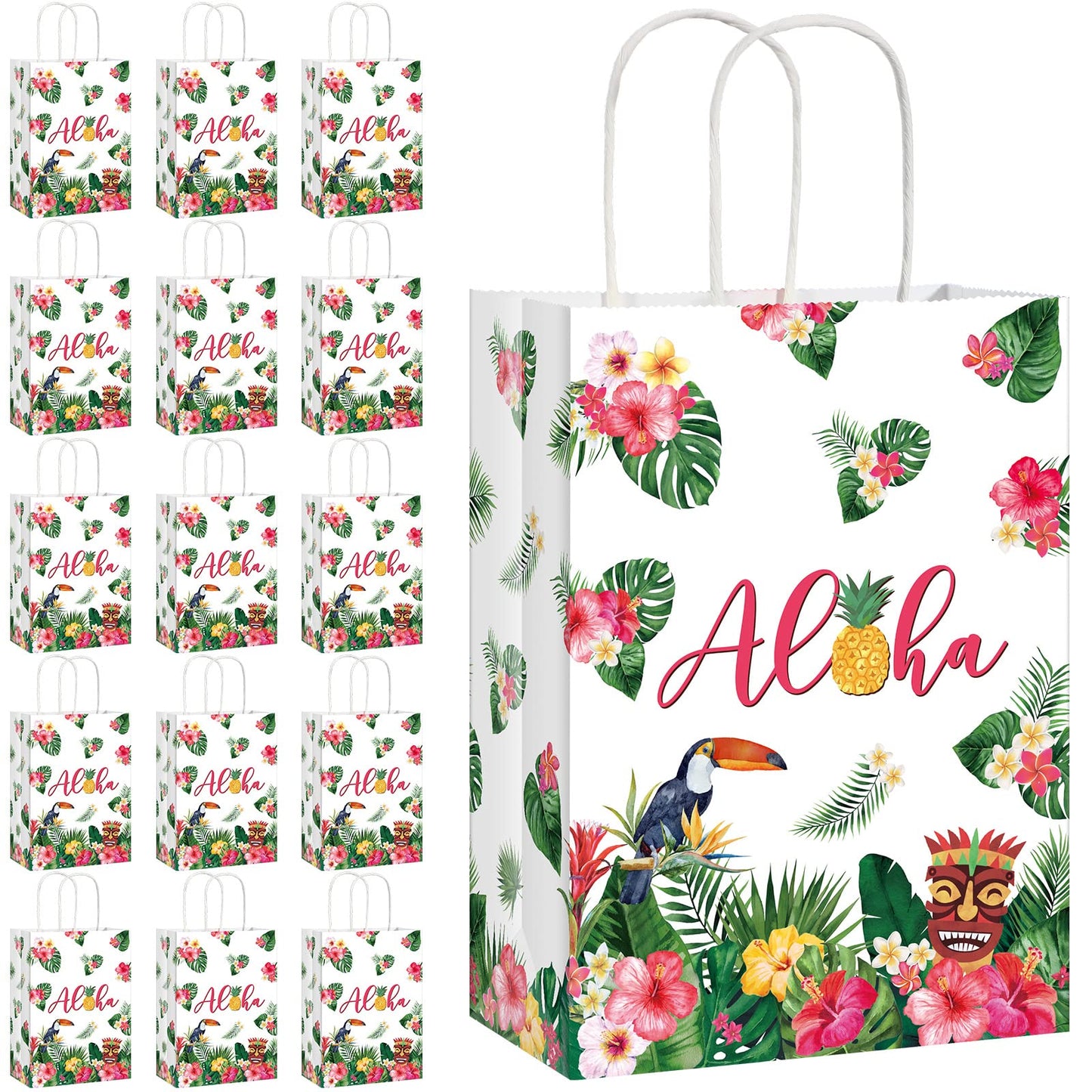 Pajean 16 Pack Hawaiian Gift Bag Luau Party Summer Tropical Palm Leaf Paper Bag with Handle for Candy Treat Summer Tropical Aloha Festival Hawaiian Luau Holiday Party Supplies Favor
