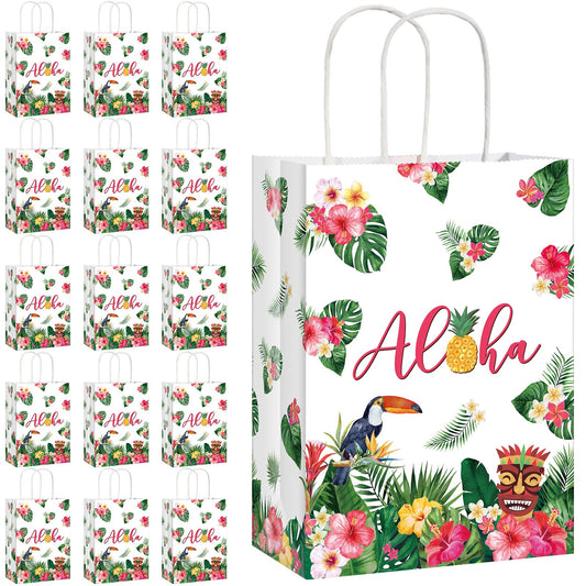 Pajean 16 Pack Hawaiian Gift Bag Luau Party Summer Tropical Palm Leaf Paper Bag with Handle for Candy Treat Summer Tropical Aloha Festival Hawaiian Luau Holiday Party Supplies Favor