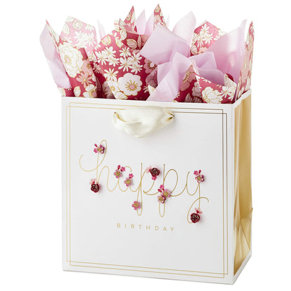 Hallmark Signature 7" Medium Birthday Gift Bag with Tissue Paper (Pink Flowers)