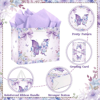SolarGlory Large Butterfly Birthday Gift Bag with Card & Tissue Paper – Purple Happy Birthday Party Favors for Women, Girls, Baby Shower, Bachelorette Theme Party Decorations