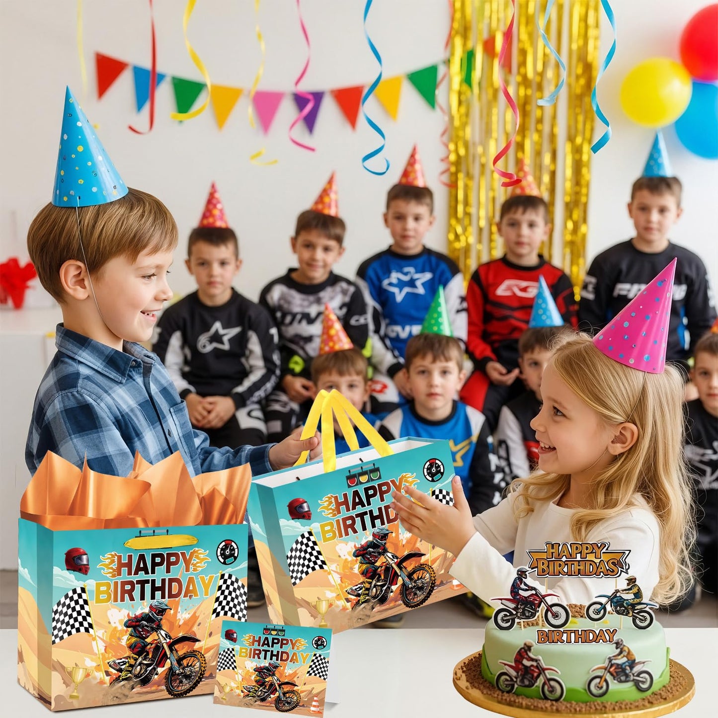 Woosytoo Dirt Bike Birthday Gift Bag for Boys Motorcycle Birthday Party Bag with Tissue Paper and Card Motorcycle Bday Party Decorations for Dirty Bike Bday Funny Games Party Supplies