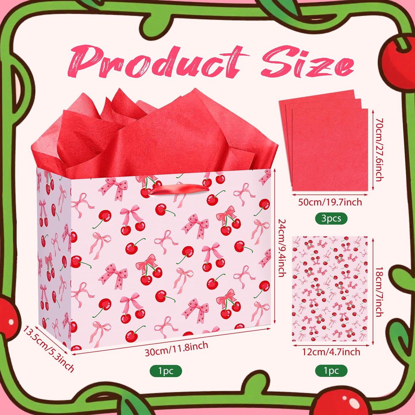 Cherry Birthday Party Gift Bag, Coquette Cherry Bow Wrapping Bag with Tissue Paper and Card Bow Fruit Themed Wrapping Paper for Girls Kids Teens Baby Shower Women Birthday Party Favors
