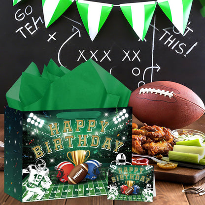 Hooqict Large Football Gift Bag with Handles, Tissue Paper and Greeting Card Football Birthday Party Gift Wrapping Bag for Boys Men Sport Themed Goodie Treat Party Favors