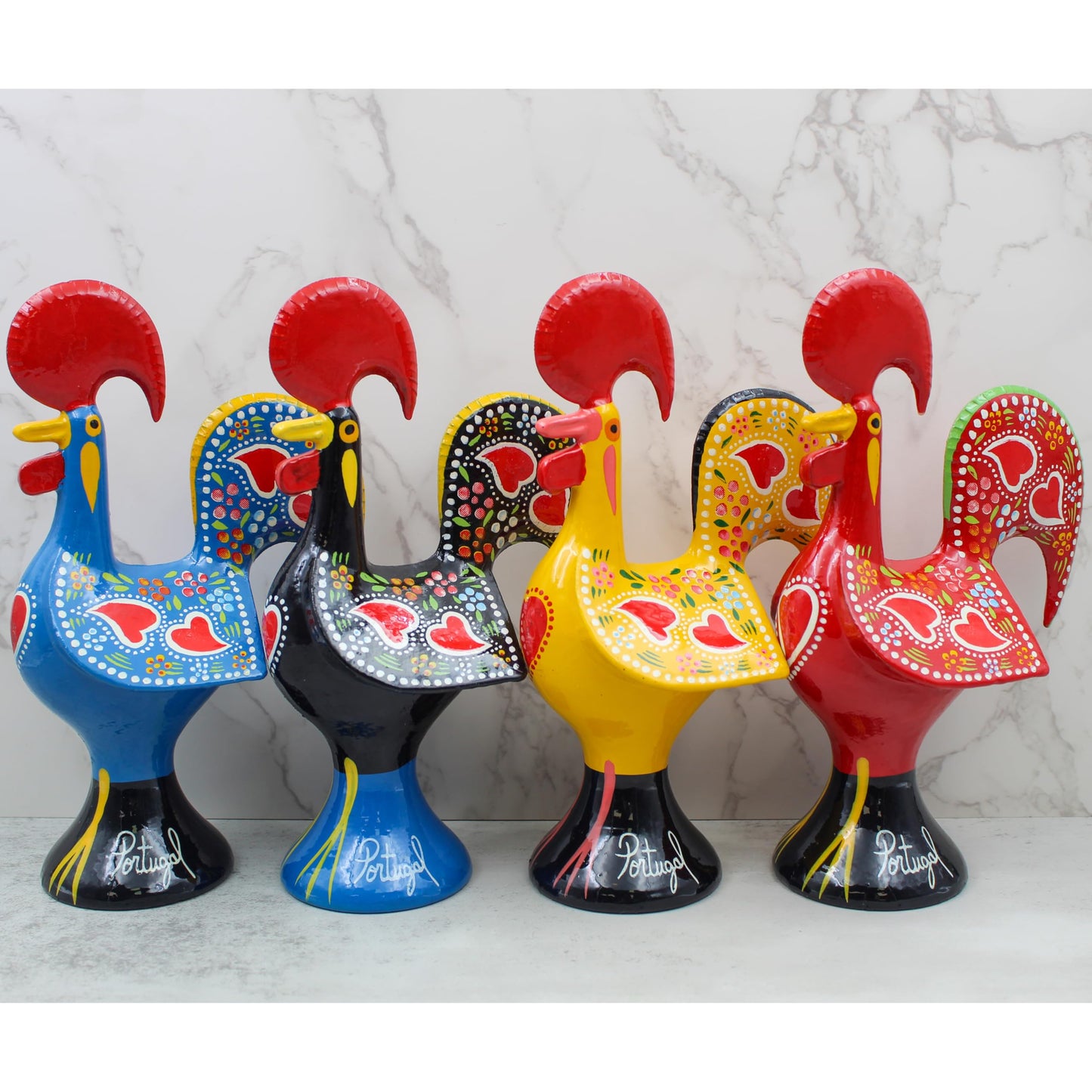 8.25" Traditional Hand-Painted Portuguese Good Luck Rooster Galo Barcelos Metal Figurine - Made in Portugal, Symbol of Good Luck & Prosperity - Collectible Souvenir (Blue)