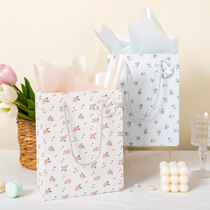 Crisky Bags for Small Business, 4 Pack Medium Gift Bags with Handles, Wildflower Floral Wedding Gift Bag Medium Size Goodie Bags with Tissue Paper for Bridal Shower, Engagement, Birthday, Graduation