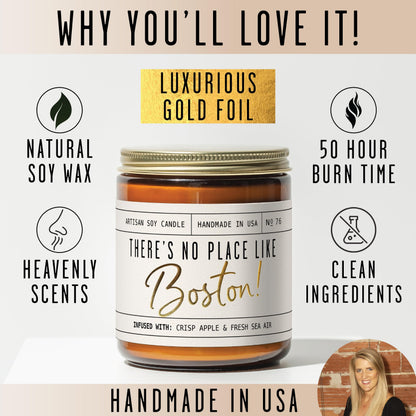 Boston Gifts, Boston Decor for Home - 'There's No Place Like Boston Candle, w/Wood, Sage & Sea Salt I Boston Souvenirs I 9oz Jar, 50Hr Burn, Made in USA