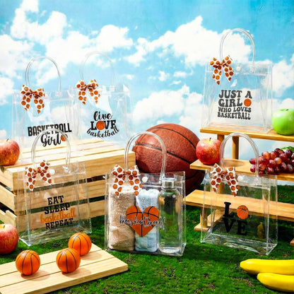 Vicenpal 12 Sets Clear Basketball Gift Bag with Handles 12 Pcs Bows PVC Plastic Basketball Treat Goodie Snack Bags 7.9 x 7.9 x 3.1'' Sport Theme Party Favors for Birthday Holiday Sports Team Gifts