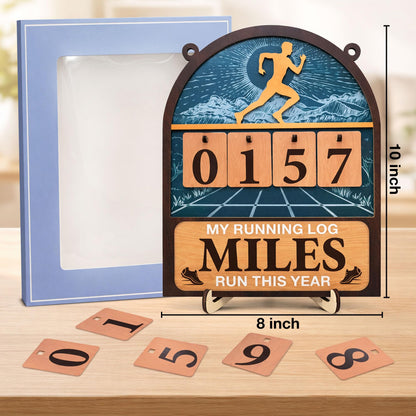 Miles Run This Year Tracker Sign - Wooden Yearly Running Log Counter Home Decor - Running Gifts for Women Men Runners, Marathon Runner Gifts