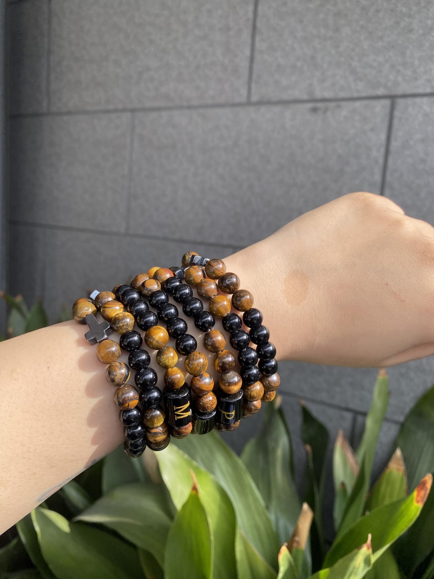 SOOWOOT Cross Bracelet for Men, Initial Bracelet for Men, initail A-Z design, Christian Gifts, Natural Tigers Eye Stone Beads, Easter Gifts