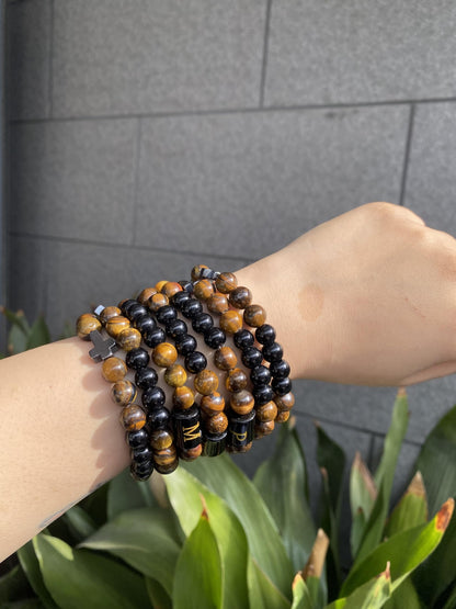 SOOWOOT Cross Bracelet for Men, Initial Bracelet for Men, initail A-Z design, Christian Gifts, Natural Tigers Eye Stone Beads, Easter Gifts