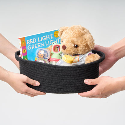 Small Woven Gift Basket Empty with Bag & Ribbon - Gifts for Mom, Baby Shower, Birthdays & Raffle - Cotton Rope Storage Basket for Dog Toys or Shelf - 12"x8"x5", Black