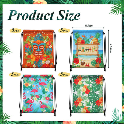 Aliceset 20 Pack Hawaiian Drawstring Gift Bags Bulk, Tropical Goodie Gift Backpack with Adjustable Straps Cute Sacks for Summer Beach Luau Aloha Tiki Birthday Vacation Travel Party Favors(11.81x9.84)