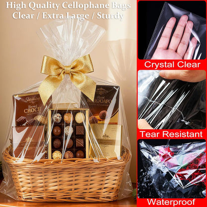 SYOGUA 10 Pack Extra Large Cellophane Bags, 40 x 55 inch, 3 Mil Thicker Clear Gift Bags for Baskets Wrapping Plastic, Jumbo Huge Clear Cellophane Wrap Gift Basket Bag