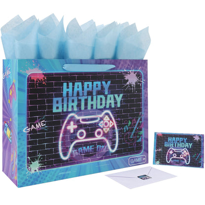 wishinside 16.5'' Extra Large Gamer-themed Birthday Gift Bag Set with Handles, Greeting Card, Tissue Papers and Stickers for Boys Girls Kids Teens Men Women, Game Design, 1 Pcs