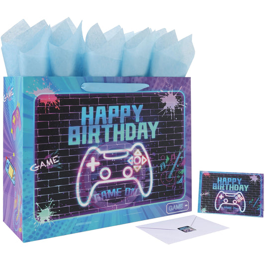 wishinside 16.5'' Extra Large Gamer-themed Birthday Gift Bag Set with Handles, Greeting Card, Tissue Papers and Stickers for Boys Girls Kids Teens Men Women, Game Design, 1 Pcs